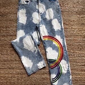 Cloud Patterned Jeans with Rainbow Embroidery